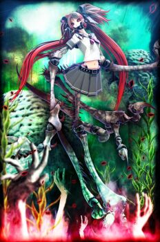 1girl 3d arthropod_girl arthropod_limbs belt biomechanical blue_eyes bow brain calne_ca_(deino) claws crab crab_girl deino_(deino3330) exoskeleton hair_bow hands_up heterochromia horror_(theme) long_hair looking_at_viewer midriff nato-kun navel original pleated_skirt red_eyes red_hair red_serafuku saikin_osen_-_bacterial_contamination_-_(vocaloid) school_uniform seaweed serafuku skirt solo twintails very_long_hair