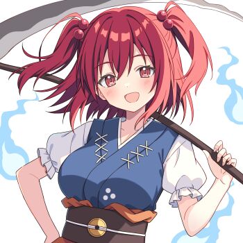 1girl :d blue_dress blush breasts brown_sash coin coin_on_string commentary dress hair_bobbles hair_ornament highres holding holding_scythe large_breasts looking_at_viewer medium_hair obi onozuka_komachi open_mouth red_eyes red_hair sash scythe setteiset short_sleeves smile solo symbol-only_commentary touhou two_side_up upper_body