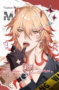 1boy absurdres ammunition black_gloves black_shirt blonde_hair braid chest_tattoo earrings facial_mark facial_tattoo fake_horns fangs gloves gradient_hair highres honkai:_star_rail honkai_(series) horns jewelry lion_2929 long_hair male_focus multicolored_hair mydei_(honkai:_star_rail) neck_tattoo open_clothes open_mouth open_shirt orange_hair shirt side_braid solo tattoo tongue watch wristwatch yellow_eyes