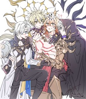 4boys ? ?? alternate_form antenna_hair arm_tattoo armlet armor asymmetrical_wings bad_nachi black_choker black_cloak black_gloves black_pants black_shirt black_wings blonde_hair blue_cape blue_eyes braid cape chest_tattoo choker cloak coat commentary facial_tattoo fingerless_gloves flame_reaver_of_the_deepest_dark gloves gold_necklace gradient_hair hair_between_eyes halo halo_behind_head highres honkai:_star_rail honkai_(series) hood hood_up hooded_cloak jewelry loading_icon looking_at_another male_focus medium_hair multicolored_hair multiple_boys mydei_(honkai:_star_rail) necklace pants pauldrons phainon_(honkai:_star_rail) phainon_(khaslana)_(honkai:_star_rail) red_hair red_tattoo shirt short_hair shoulder_armor side_braid simple_background single_glove single_pauldron tattoo thigh_strap white_background white_coat white_hair wings yaoi yellow_eyes yellow_wings