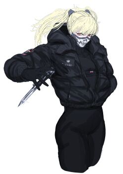 1girl absurdres black_gloves blonde_hair gloves gun highres holding holding_gun holding_weapon hood hood_down hooded_jacket jacket knife long_hair long_sleeves looking_at_viewer mask open_clothes open_jacket original peinlike red_eyes simple_background skull_mask solo twintails union_jack weapon white_background
