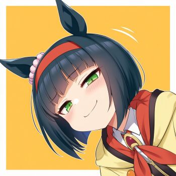 1girl animal_ears black_hair blush bob_cut border brown_jacket closed_mouth collared_shirt commentary_request dutch_angle green_eyes grey_border hairband half-closed_eyes hasirupan2 hood hood_down hooded_jacket horse_ears jacket looking_at_viewer mini_the_lady_(umamusume) motion_lines orange_background red_hairband shirt short_hair smile solo umamusume upper_body white_shirt