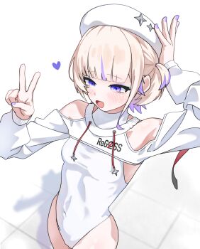 1girl :d absurdres arm_up beret blonde_hair breasts clothing_cutout drawstring gurumie hand_up hat highres hololive hololive_dev_is leotard leotard_under_clothes long_sleeves multicolored_hair nail_polish official_alternate_costume open_mouth purple_eyes purple_hair purple_nails short_hair shoulder_cutout shrug_(clothing) simple_background skirt small_breasts smile solo streaked_hair todoroki_hajime todoroki_hajime_(regloss_uniform) two-tone_hair two_side_up v virtual_youtuber white_background white_hat white_leotard white_shrug