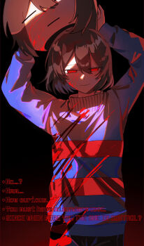 1other absurdres arms_up black_background black_pants blood blood_on_clothes blood_on_face blue_sweater bob_cut brown_hair caption choco_rabbitt closed_mouth cowboy_shot double-parted_bangs empty_eyes english_text frisk_(undertale) genocide_route_(undertale) hair_between_eyes highres holding long_sleeves looking_at_viewer no_pupils pants puffy_long_sleeves puffy_sleeves red_eyes red_sweater short_hair simple_background smile solo standing straight-on striped_clothes striped_sweater sweater turtleneck turtleneck_sweater two-tone_sweater undertale unusually_open_eyes utdr_(toby_fox)