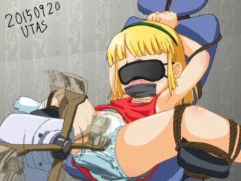 10s 2015 animated animated_gif ass bdsm blindfold blush bondage bound gag loli machine panties pee_stain roll_(mega_man) rotating_brushes sex_machine shiny_skin underwear utas_(nijie172420)