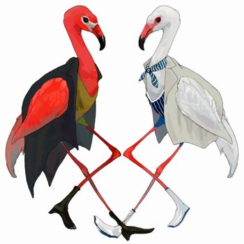 animal bird black_coat blue_neckerchief clothed_animal coat commentary_request flamingo full_body jacket nagabe neckerchief no_humans original simple_background white_background