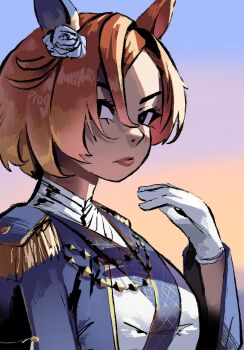 Rule 34 | 1girl, animal ears, black eyes, blonde hair, blue flower, blue jacket, brown hair, colored tips, ear covers, epaulettes, flower, frown, gloves, gradient background, gradient hair, hair flower, hair ornament, highres, horse ears, jacket, looking at viewer, multicolored hair, prog ares, shirt, short hair, single ear cover, solo, t.m. opera o (new year same radiance!) (umamusume), t.m. opera o (umamusume), umamusume, v-shaped eyebrows, white gloves, white shirt