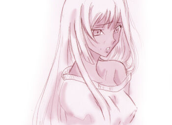 Rule 34 | 1girl, code geass, covered erect nipples, dark-skinned female, dark skin, female focus, gradient background, long hair, monochrome, solo, studio waltz, sweater, villetta nu