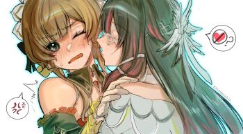 Rule 34 | 2girls, ^^^, anger vein, artist name, black bow, black hair, black sleeves, blue eyes, blunt bangs, blush, bow, bowtie, brown hair, choker, columbina (genshin impact), commentary, detached collar, detached sleeves, dress, english commentary, eye mask, feathered wings, frills, from behind, gem, genshin impact, gloves, gradient hair, hair bow, hair ornament, hand on another's shoulder, hand up, head wings, heart, jewelry, kiegenshin, long hair, long sleeves, looking at another, mask, multicolored hair, multiple girls, multiple wings, off-shoulder dress, off shoulder, one eye closed, open mouth, pendant, pink hair, red gemstone, sandrone (genshin impact), short hair with long locks, shy, sidelocks, simple background, speech bubble, spoken anger vein, spoken heart, sweat, two-tone hair, upper body, wavy mouth, white background, white bow, white bowtie, white choker, white dress, white gloves, white headdress, white mask, wing collar, wings, x hair ornament, yellow bow, yuri