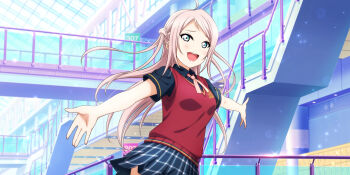 Rule 34 | 1girl, :d, ahoge, black shirt, blue eyes, blue skirt, breasts, collared shirt, cowboy shot, dress shirt, floating clothes, floating hair, game cg, highres, indoors, looking at viewer, love live!, love live! nijigasaki high school idol club, love live! school idol festival all stars, medium breasts, miniskirt, mole, mole under eye, neck ribbon, official art, open mouth, outdoors, outstretched arms, pink hair, pink ribbon, plaid clothes, plaid skirt, pleated skirt, railing, raised inner eyebrows, red sweater vest, ribbon, shirt, short sleeves, skirt, smile, solo, spread arms, summer uniform, sweater vest, teeth, two side up, upper teeth only, zhong lanzhu