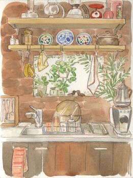 banana brick_wall cabinet commentary_request cup dish_rack faucet food fruit handle hanging_plant highres kettle kitchen leaf no_humans original painting_(medium) peach_momoko plate shelf sink sponge still_life towel traditional_media watercolor_(medium) weighing_scale window