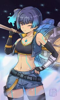 1girl arm_tattoo bare_shoulders belt blue_hair breasts chascoby crop_top cropped_jacket dark-skinned_female dark_skin elbow_gloves gloves glowing glowing_hair hammer hand_on_own_hip looking_at_viewer medium_breasts midriff one_eye_closed sena_(xenoblade) shorts side_ponytail sleeveless tattoo wink xenoblade_chronicles_(series) xenoblade_chronicles_3