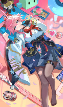 Rule 34 | 1girl, absurdres, animal ears, black gloves, black pantyhose, blue eyes, blue skirt, bow, bowtie, breasts, chinese commentary, cleavage, commentary request, evanescia (honkai: star rail), flower, food, fox ears, fox girl, fruit, genshin impact, gloves, hair flower, hair ornament, highres, honkai: star rail, honkai (series), large breasts, looking at viewer, lying, measuring stick, mihoyo, no shoes, npp (artist), on back, pantyhose, peach, pink hair, pleated skirt, pointing, pointing at self, red bow, red bowtie, revision, shirt, short hair with long locks, single glove, skirt, smile, solo, toes, torn clothes, torn pantyhose, trailblazer (honkai: star rail), white shirt, yae miko