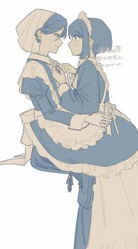1boy 1girl alternate_costume apron crossdressing crossdressing_(mtf) enmaided frilled_apron frills fukurai_azami hetero maid maid_apron maid_headdress male_maid meguriya_ayumu multiple_girls oji-sama_(ochi4t) sitting sitting_on_person toshi_densetsu_kaitai_center white_apron