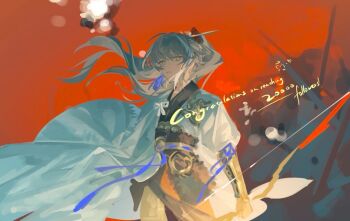 1boy archer_(fate/samurai_remnant) arm_guards chinese_clothes chinese_hairpin fate/samurai_remnant fate_(series) floating_clothes floating_hair hanfu lin_qing_(phosphorus_1104) long_hair looking_at_viewer male_focus milestone_celebration red_background upper_body