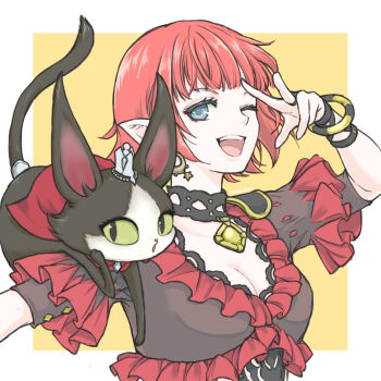 1girl :d :o animal animal_on_shoulder breasts cait_sith_(final_fantasy) cat cleavage commentary_request earrings elf elvaan final_fantasy final_fantasy_xi highres hume jewelry lilisette looking_at_viewer medium_breasts one_eye_closed open_mouth pointy_ears red_hair saku_ff11 short_hair short_sleeves smile solo teeth upper_body upper_teeth_only w