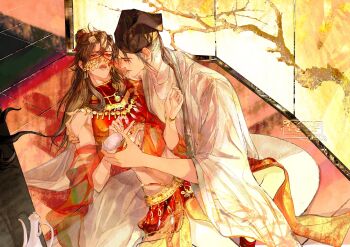 1815983628 2boys absurdres alternate_costume arabian_clothes bell belt black_hair black_hat blush bracelet brown_hair carrying chinese_clothes chinese_commentary closed_mouth coat coin coin_mask creature crop_top crossdressing crossdressing_(mtf) cup cushion dancer dao_gui_yi_xian folding_screen gold_belt groin hair_bun hair_ribbon half_updo hand_up hanfu harem_outfit hat hat_ribbon highres holding holed_coin indoors jewelry jin_(headwear) li_huowang li_sui_(tentacles) long_hair long_sleeves looking_at_another lying_on_lap lying_on_person male_focus mask midriff mouth_veil multiple_boys neck_bell necklace open_mouth pillar red_eyes red_ribbon red_shawl red_shirt red_skirt ribbon robe shawl shirt single_hair_bun sitting skirt smile tassel teapot tentacles tile_floor tiles turtleneck updo veil watercolor_effect watermark white_coat white_hanfu wide_sleeves yaoi zhouzi_jin_(headwear) zhuge_yuan