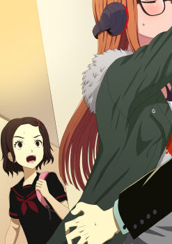 1boy 2girls absurdres age_difference brown_hair charka closed_eyes glasses hasegawa_akane_(persona_5_scramble) hasegawa_zenkichi headphones hetero highres kiss long_hair multiple_girls orange_hair persona persona_5 persona_5_scramble:_the_phantom_strikers red_eyes sakura_futaba school_uniform surprised sweatdrop tagme very_long_hair