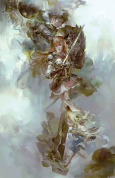 1boy 2girls animal_ears armor black_hair blonde_hair blue_eyes brown_eyes brown_hair christian_angel feathered_wings filo_(tate_no_yuusha_no_nariagari) highres iwatani_naofumi long_hair multiple_girls raphtalia shield short_hair sword tate_no_yuusha_no_nariagari weapon wings