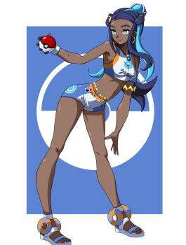 1girl absurdres aqua_hair bikini blue_hair border breasts closed_mouth dark-skinned_female dark_skin dynamax_band earrings forehead full_body gloves gold_earrings hair_ornament highres highs_(wtjy7477) holding holding_poke_ball hoop_earrings jewelry long_hair medium_breasts multicolored_hair navel nessa_(pokemon) nintendo partially_fingerless_gloves poke_ball poke_ball_(basic) pokemon pokemon_swsh sandals sidelocks smile solo standing stomach swimsuit tankini thighs two-tone_hair very_long_hair white_border