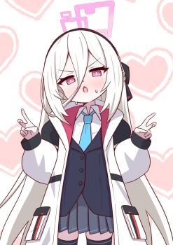 1girl black_thighhighs blazer blue_archive blue_necktie collared_shirt commentary_request cowboy_shot double_v fluffy_clothes gtmd0gjamw hair_between_eyes halo heart heart_background highres jacket kei_(blue_archive) necktie open_mouth pink_halo red_eyes shirt solo sweatdrop thighhighs thighs v white_background white_hair