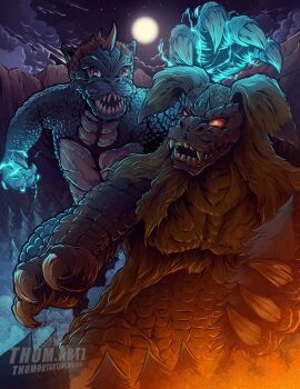 blue_electricity claws cliff cloud ears electricity electrokinesis energy fire forest full_moon gabara gem gem_on_head glowing glowing_eyes godzilla&#039;s_revenge godzilla_(series) godzilla_vs._mechagodzilla highres horns kaiju king_caesar_(godzilla) moon muscular nature night no_humans no_pupils orange_hair pectorals red_eyes sharp_teeth single_horn sky star_(sky) starry_sky teeth thomdotartz toho tree