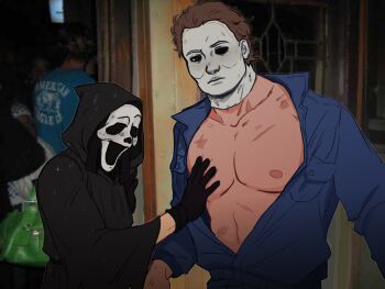 2boys bare_pectorals black_gloves black_jumpsuit black_robe brown_hair dead_by_daylight ghostface gloves halloween_(movie) highres hood hood_up jumpsuit large_pectorals male_focus mask meme michael_myers mozg-art multiple_boys muscular muscular_male nipples open_clothes open_jumpsuit pectoral_grab pectoral_grab_(meme) pectorals robe scream_(movie) short_hair upper_body
