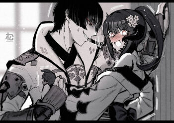 1boy 1other anger_vein armor asahi_sas_brutus au_ra black_scales blunt_bangs blush commission commissioner_upload final_fantasy final_fantasy_xiv grabbing_another&#039;s_arm hair_ornament highres horns japanese_armor japanese_clothes kabedon kimono looking_at_another looking_at_viewer matutaro29 obi partially_colored ponytail red_eyes sash scales short_eyebrows shoulder_armor skeb_commission warrior_of_light_(ff14) yukata