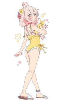 1girl ahoge anklet ass bare_arms bare_legs bare_shoulders bead_anklet beads blush brown_eyes choker earrings flip-flops flower flower_earrings frilled_one-piece_swimsuit frills full_body hair_between_eyes hair_flower hair_ornament highres jewelry kneepits kyamimasita loli long_hair looking_at_viewer low_twintails multi-tied_hair one-piece_swimsuit onii-chan_wa_oshimai! open_mouth oyama_mahiro pink_choker pink_hair sandals scrunchie simple_background solo standing strap_slip swimsuit twintails white_background wrist_scrunchie yellow_one-piece_swimsuit yellow_scrunchie