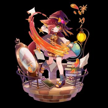 1girl arm_up black_background blush_stickers book bow breasts brick_floor brown_cloak brown_hair brown_jacket brown_shorts charlotte_(merc_storia) clenched_teeth cloak fence fire flaming_sword flaming_weapon full_body globe green_eyes hand_on_own_head hat hat_bow highres holding holding_sword holding_weapon jacket merc_storia merc_storia_art_team mirror motion_lines official_art one_eye_closed outstretched_arm paper purple_shoes shirt shoes shorts simple_background sleeveless sleeveless_jacket small_breasts smile solo standing striped_bow sword tachi-e teeth weapon white_shirt witch witch_hat