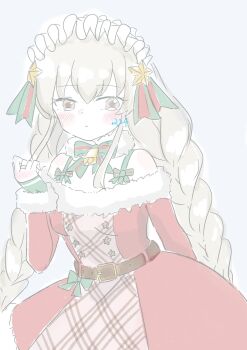 Rule 34 | 1girl, arm behind back, artist name, assault lily, bare shoulders, bell, belt, belt buckle, blush, bow, bowtie, braid, brown belt, buckle, closed mouth, collar, commentary, cowboy shot, dress, dress bow, egawa kusumi, frilled hairband, frills, fumi (fumifumi3axl), fur-trimmed dress, fur-trimmed sleeves, fur collar, fur trim, green bow, green bowtie, green ribbon, grey background, grey eyes, hair ornament, hair ribbon, hairband, hand up, highres, jewelry, long hair, long sleeves, looking at viewer, low twin braids, low twintails, neck bell, off-shoulder dress, off shoulder, official alternate costume, official alternate hairstyle, red bow, red bowtie, red ribbon, ribbon, ring, santa costume, santa dress, sidelocks, simple background, solo, standing, star (symbol), star hair ornament, symbol-only commentary, twin braids, twintails, two-tone bow, two-tone bowtie, two-tone ribbon, very long hair, white collar, white hairband