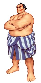 Rule 34 | 1boy, absurdres, barefoot, capcom vs. snk, chonmage, crossed arms, e. honda, facepaint, game cg, highres, loincloth, looking to the side, male focus, mawashi, mori toshiaki, muscular, muscular male, non-web source, official art, scowl, simple background, solo, street fighter, sumo, topknot, v-shaped eyebrows, white background
