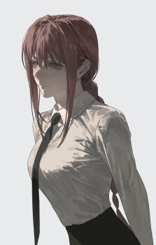 1girl black_necktie black_pants braid breasts brown_eyes chainsaw_man closed_mouth collared_shirt ea_ateu empty_eyes hair_between_eyes high-waist_pants highres large_breasts lips long_hair long_sleeves looking_to_the_side low-braided_long_hair low-tied_long_hair makima_(chainsaw_man) necktie pants red_hair ringed_eyes shirt sidelocks simple_background single_braid smile solo white_background white_shirt