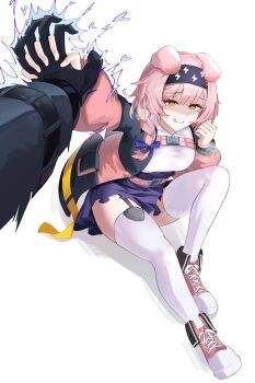 1girl 1other :q animal_ears arknights black_gloves black_hairband black_jacket blue_bow boots bow braid breasts cat_ears cat_girl cat_tail closed_mouth doctor_(arknights) electricity full_body garter_straps gloves goldenglow_(arknights) hair_bow hairband highres holding_hands interlocked_fingers jacket jambaeng large_breasts long_hair long_sleeves miniskirt multicolored_jacket open_clothes open_jacket pink_boots pink_hair pink_jacket pov pov_hands puffy_long_sleeves puffy_sleeves purple_skirt shaded_face shirt side_braid simple_background skirt smear_frame smile solo_focus t-shirt tail thighhighs tongue tongue_out two-tone_jacket white_background white_shirt white_thighhighs yellow_eyes zettai_ryouiki