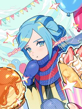 1boy 1other :t balloon blue_eyes blue_hair blue_mittens blue_scarf closed_mouth commentary_request crepe dessert food grusha_(pokemon) hand_up holding holding_string ice_cream ice_cream_cone jacket mittens nintendo outdoors pokemon pokemon_sv pout puteru scarf sky sparkle string striped_clothes striped_scarf yellow_jacket