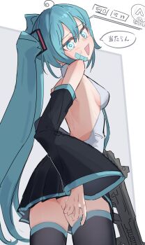 1girl ahoge aqua_hair aqua_necktie backless_shirt bandaid bandaid_on_face black_boots black_skirt blue_eyes blush boots breasts collared_shirt commentary_request detached_sleeves double-parted_bangs from_behind from_below grey_background grey_shirt gun hair_between_eyes hatsune_miku highres holding holding_gun holding_weapon long_hair looking_at_viewer miniskirt necktie open_mouth pleated_skirt shirt sideboob sidelocks simple_background skirt sleeveless sleeveless_shirt small_breasts solo speech_bubble sweat thigh_boots thighhighs thinker25075754 translation_request triangle_mouth turning_head twintails user_interface very_long_hair vocaloid weapon white_background zettai_ryouiki