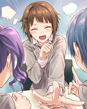 Rule 34 | 3girls, :d, ^ ^, asahi rokka, bang dream!, bang dream! girls band party!, blank speech bubble, blazer, blue hair, blush, brown hair, closed eyes, collared shirt, commentary, grey jacket, hair ornament, hairclip, haneoka school uniform, highres, jacket, medium hair, multiple girls, open mouth, purple hair, school uniform, shirt, short hair, sidelocks, smile, speech bubble, toyama asuka, twintails, udagawa ako, upper body, v-shaped eyebrows, white shirt, yukitake (bullfalk)