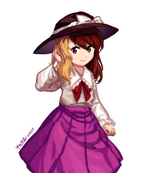 2girls artist_name black_hat blonde_hair bow bowtie brown_hair clenched_hand collared_shirt dated frilled_shirt_collar frills furahata_gen fusion hand_in_own_hair hat hat_bow heterochromia highres long_sleeves looking_at_viewer maribel_hearn medium_hair multiple_girls purple_skirt red_bow red_bowtie red_eyes shirt simple_background skirt sleeve_cuffs smile solo swept_bangs touhou usami_renko white_background white_bow yellow_eyes