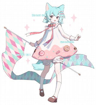 1girl :d ame_ame animal_ears bare_shoulders bloomers blue_hair bow bowtie brown_shoes candy checkerboard_cookie commission cookie donut double-parted_bangs dress flag food food-themed_clothes fox_ears fox_girl fox_tail full_body hair_bow highres holding holding_flag lollipop looking_at_viewer mary_janes open_mouth original pink_bow pink_dress red_bow red_bowtie shoes short_hair simple_background sleeveless sleeveless_dress smile socks solo standing swirl_lollipop tail two-tone_dress underwear watermark white_background white_bloomers white_bow white_dress white_socks wrapped_candy wrist_cuffs yellow_eyes