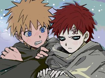 2boys aqua_eyes blonde_hair blue_eyes blush clenched_teeth crossed_arms frown furrowed_brow gaara_(naruto) grey_cloak lodoae male_focus multiple_boys naruto_(series) pale_skin red_hair scar scar_on_face scar_on_forehead short_hair snow spiked_hair teeth upper_body uzumaki_naruto