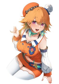 1girl :d absurdres belt beret bow bow_choker breasts chef_hat choker cleavage clenched_hand collarbone commentary detached_sleeves feathers hand_up hat highres hololive hololive_english large_breasts long_hair looking_at_viewer midriff mini_hat moobong multicolored_hair navel open_mouth orange_hair orange_hat orange_nails purple_eyes simple_background sitting smile solo streaked_hair takanashi_kiara takanashi_kiara_(1st_costume) thighhighs virtual_youtuber white_background white_thighhighs