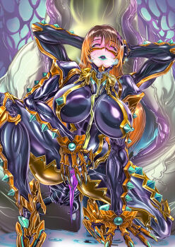 aqua_gemstone aqua_lips arms_behind_head black_sclera black_skin blush brown_hair claws colored_sclera colored_skin corruption damu_otoko dark_persona extra_arms gem gold_skin hair_ornament high_heels highres long_hair looking_at_viewer lyrical_nanoha monster_girl monsterification open_mouth orange_hair pink_eyes stinger transformation x_hair_ornament yagami_hayate