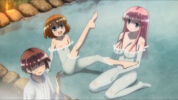 3girls blue_eyes blush breasts brown_hair completely_nude convenient_censoring flat_chest haramura_nodoka highres kataoka_yuuki large_breasts leg_up loli long_hair miyanaga_saki multiple_girls no_nipples nude onsen orange_hair pink_hair robe saki_(manga) screencap short_hair sitting steam water