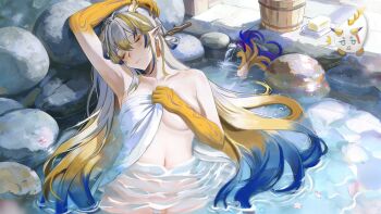 arknights arm_up armpits blonde_hair blue_hair blush bucket closed_eyes closed_mouth collarbone commentary_request dragon_bubble_(arknights) dragon_girl dragon_horns dragon_tail earrings eastern_dragon_horns eastern_dragon_tail grey_hair hair_between_eyes holding holding_towel horns jewelry long_hair multicolored_hair naked_towel navel onsen pointy_ears shu_(arknights) smile stomach tail tassel tassel_earrings towel user_vyad7583 very_long_hair wooden_bucket