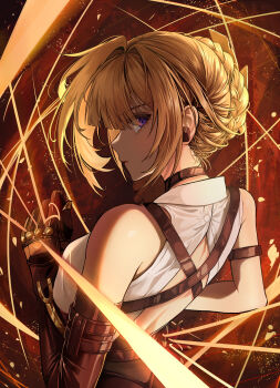 1girl absurdres back backless_shirt black_gloves blonde_hair dorosi033 elbow_gloves evelyn_chevalier gloves highres holding looking_at_viewer looking_back portrait purple_eyes shirt sleeveless sleeveless_shirt solo wire yellow_theme zenless_zone_zero