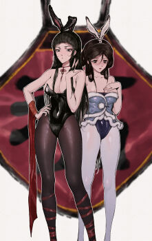 Rule 34 | 2girls, absurdres, animal ears, bare shoulders, black eyes, black footwear, black hair, black leotard, blue footwear, breasts, cleavage, fake animal ears, full body, hand on own chest, hand on own hip, highres, large breasts, leotard, long hair, multiple girls, mumuy, original, pantyhose, playboy bunny, rabbit ears, standing, white pantyhose