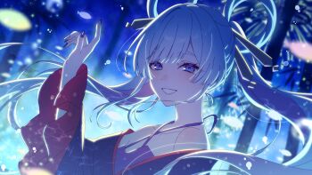 1girl backlighting bamboo bare_shoulders blue_background blue_eyes blue_nails blurry blurry_background cho_kaguya-hime! commentary_request floating_hair glowing hair_ornament hair_rings hair_stick hand_up highres japanese_clothes kimono long_hair long_sleeves looking_at_viewer nail_polish night open_mouth pochimaru_(marumaru_wanwan) runami_yachiyo smile solo twintails upper_body white_hair