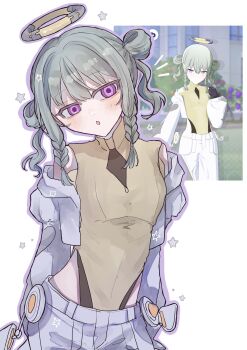 1girl 25-ji_luka 25-ji_luka_(cosplay) :o alternate_costume blush braid braided_sidelocks breasts close_game/offline_(project_sekai) clothing_cutout contrapposto cosplay cropped_jacket double_bun game_screenshot_inset green_hair grey_jacket grey_pants hair_bun halo head_tilt highres hip_vent jacket kusanagi_nene leotard leotard_under_clothes long_hair long_sleeves looking_at_viewer mechanical_halo megurine_luka off_shoulder official_alternate_color official_alternate_hairstyle ootori_emu ootori_emu_(cosplay) open_clothes open_jacket outline pants parted_lips project_sekai prsk_nene purple_eyes purple_outline reference_inset screenshot_inset sidelocks simple_background small_breasts solo tomoni_true_route_wo_mezashite_(project_sekai) twintails vocaloid white_background yellow_leotard zansho_no_inside_direction_(project_sekai)