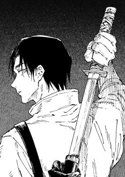 Rule 34 | 1boy, commentary request, drawing sword, from behind, greyscale, highres, holding, holding behind back, holding sword, holding sword behind back, holding weapon, holding weapon behind back, jj59u, jujutsu kaisen, jujutsu tech uniform, looking at viewer, looking back, male focus, monochrome, okkotsu yuuta, parody, short hair, solo, style parody, sword, upper body, weapon