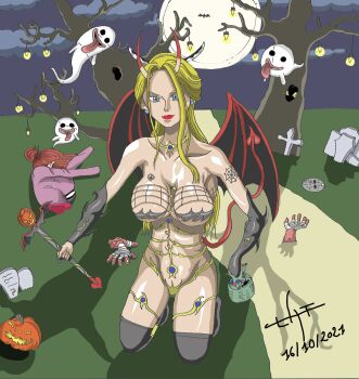 1girl absurdres black_maria_(one_piece) blue_eyes boots breasts breasts_apart breasts_out demon_girl devil dress ghost halloween highres horns hot lat monster monster_girl one_piece straight_hair strapless thigh_boots thighhighs yellow_dress